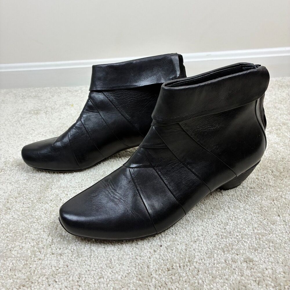 Josef Seibel Lotus Tara Black Leather Ankle Boots Comfort Pleated Heel size 7.5
